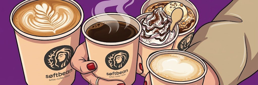 søftbean-Kaffeebecher mit Latte Art, Americano, Kaffee mit Sahne und Cappuccino