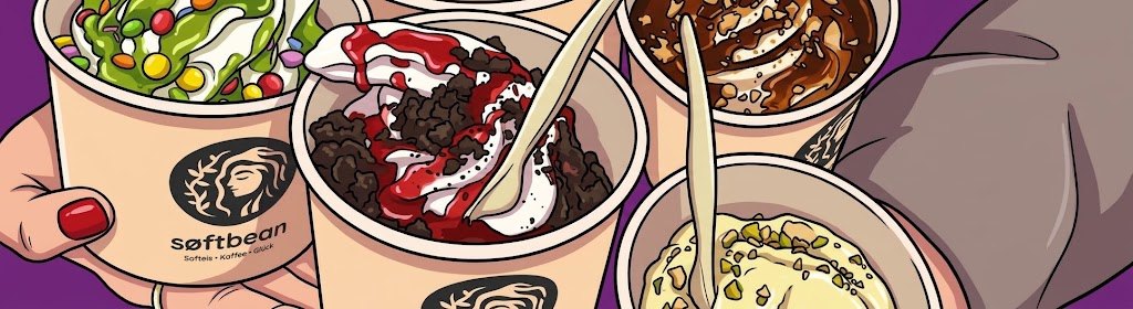 søftbean-Softeis in Bechern mit Toppings: Pistazie, Schoko, Beeren und bunte Schokolinsen